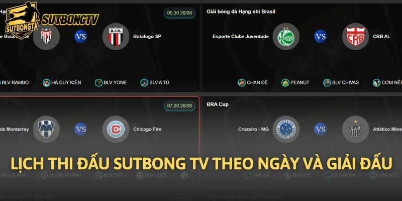 Lịch thi đấu Sutbong TV theo ngày và giải đấu